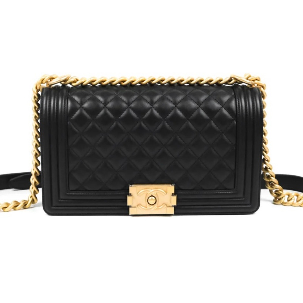 CHANEL Black and Gold Lambskin Boy Bag